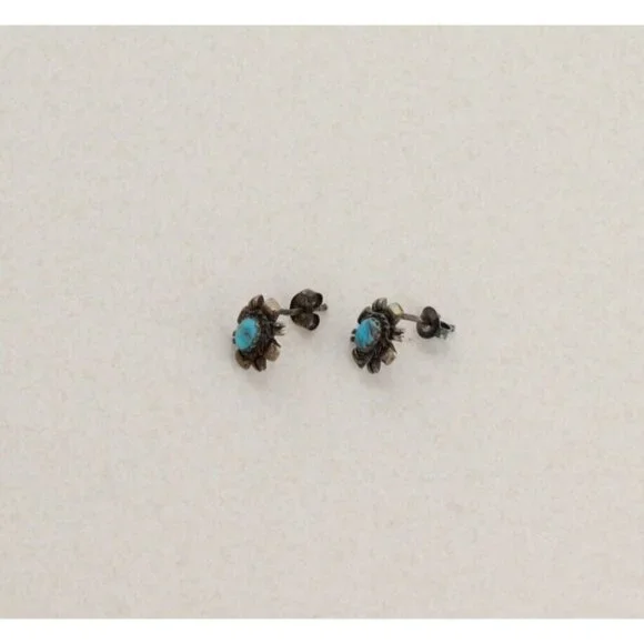 Sterling Silver Small Turquoise Earrings Stud Post 1/2" x 3/8" - Picture 7 of 8